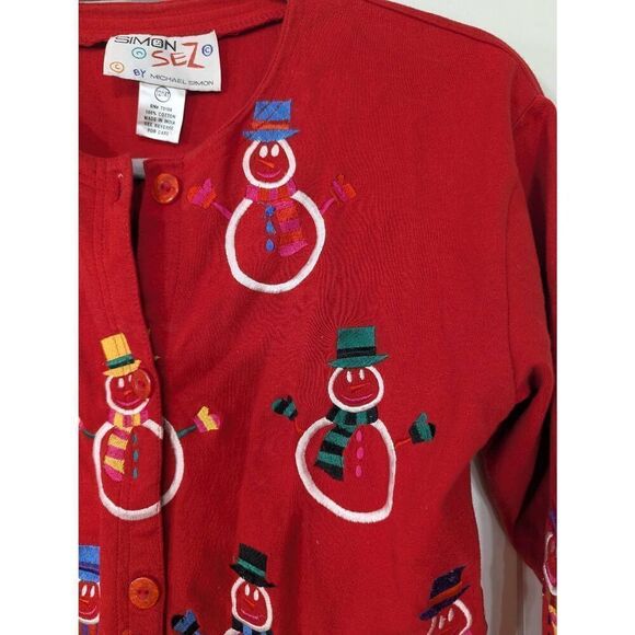 Michael Simon‎ Simon Sez Snowman Cardigan girl's size 12/14 L red embroidered - Picture 2 of 6
